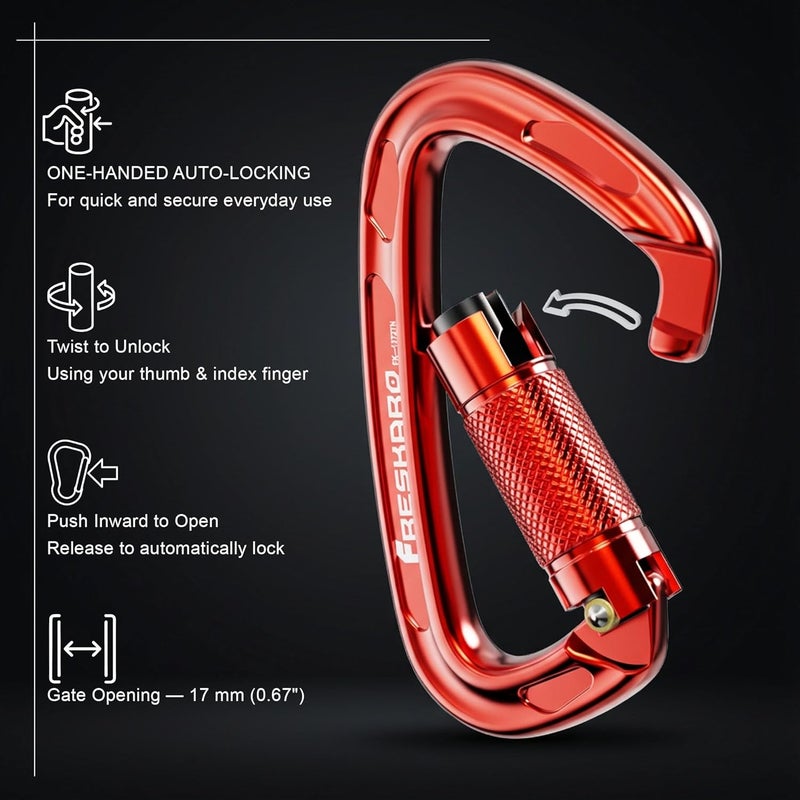 FresKaro 4inches 25kN-5621lbs Climbing Carabiners, UIAA CE Certified, Twist Auto Locking, Made of 7075 Aluminium, Lightweight, Rust Proof, for Mountaineering, Rappelling etc., Multi-Colors - Image 3